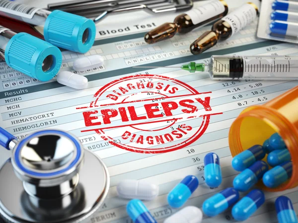 Diagnóstico de epilepsia. sello, estetoscopio, jeringa, análisis de sangre y — Foto de Stock