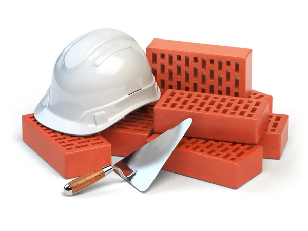 Hardhat,  bricks and trowel  isolated on white. Costruction conc — Stock Photo, Image