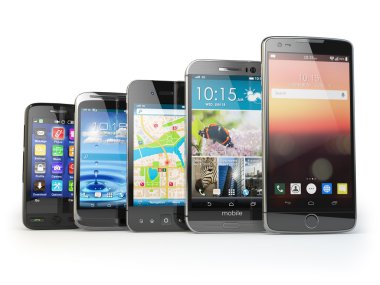 Satır üzerinde beyaz izole farklı Smartphones. Mobil seçin