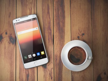 Cep telefonu ve ahşap zemin üzerine kahve fincanı.