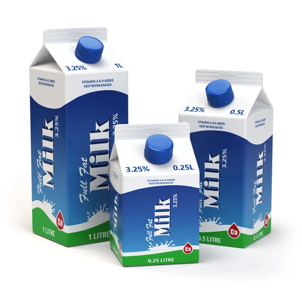 Opakowania kartonowe mleko na białym tle. Mleko pola. — Zdjęcie stockowe