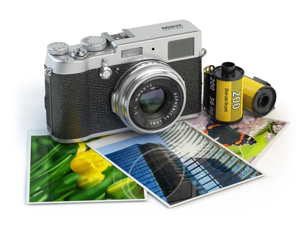 Foto camera en afbeeldingen en film vaten geïsoleerd op wit. — Stockfoto