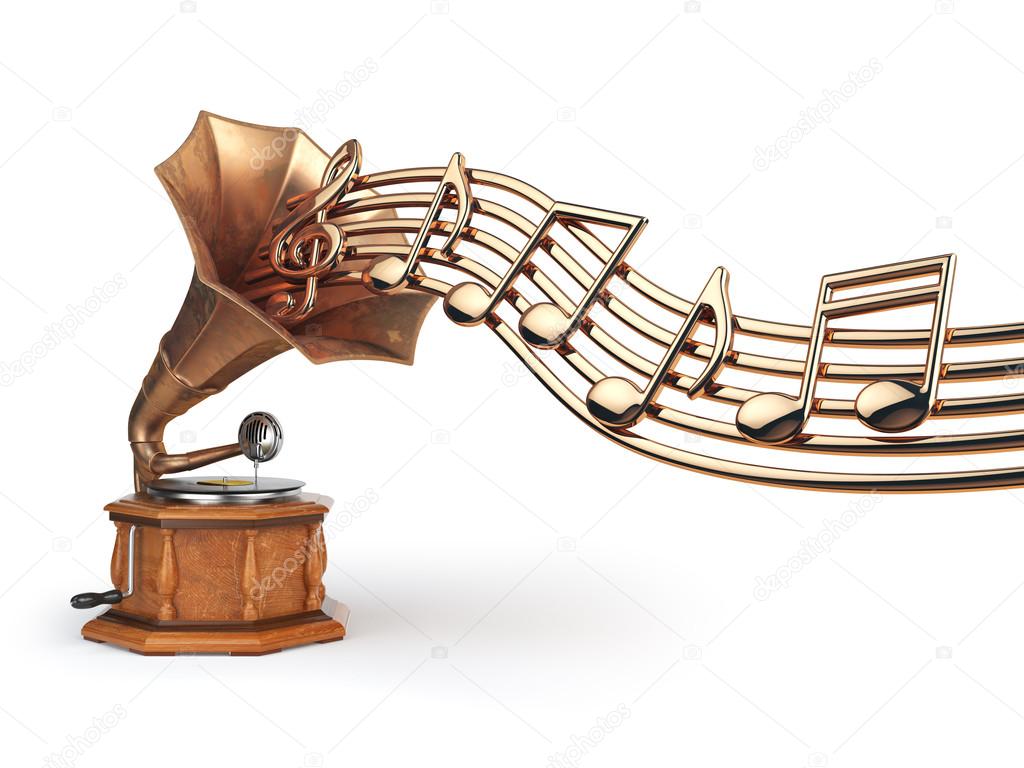 Vintage  gramophone with gold musical notes isolated on white.