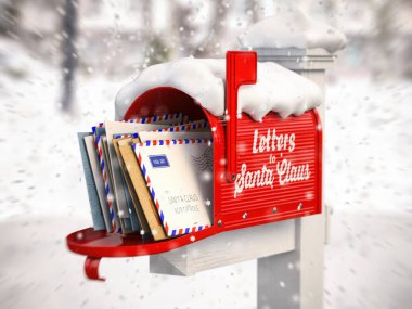 Çocuk mektuplarıyla dolu Noel Baba posta kutusu. Noel ve yeni yıl kış konsepti. 3d illüstrasyon