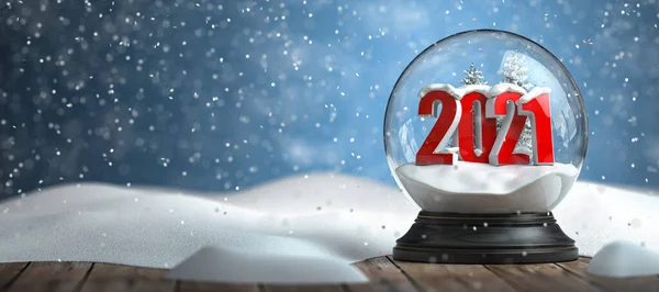 Selamat Tahun 2021 Baru Snowball Witn 2021 Atas Meja Kayu — Stok Foto