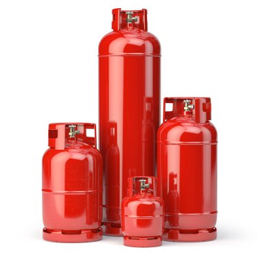 Beyaz arka planda izole edilmiş farklı tipte kırmızı gaz şişeleri. 3d illüstrasyon