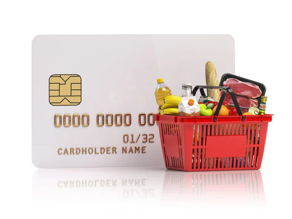 用信用卡支付满满一篮子食品的货款 网上食品订购和递送服务的概念 3D说明 — 图库照片