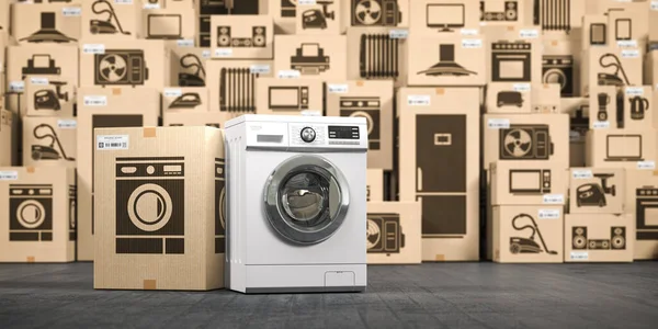 Washing machine in warehouse with household appliances and kitchen electronics in cardboard boxes. Online purchase, shopping  and delivery concept. 3d illustration
