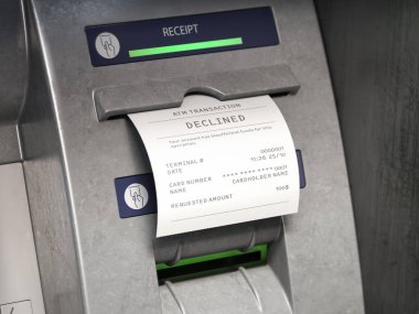 ATM makinası ve kısa mesajlı makbuz yetersiz para hesabı için reddedildi. 3d illüstrasyon