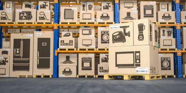 Warehouse Household Appliances Kitchen Electronics Cardboard Boxes Online Purchase Shopping — Stock Photo, Image