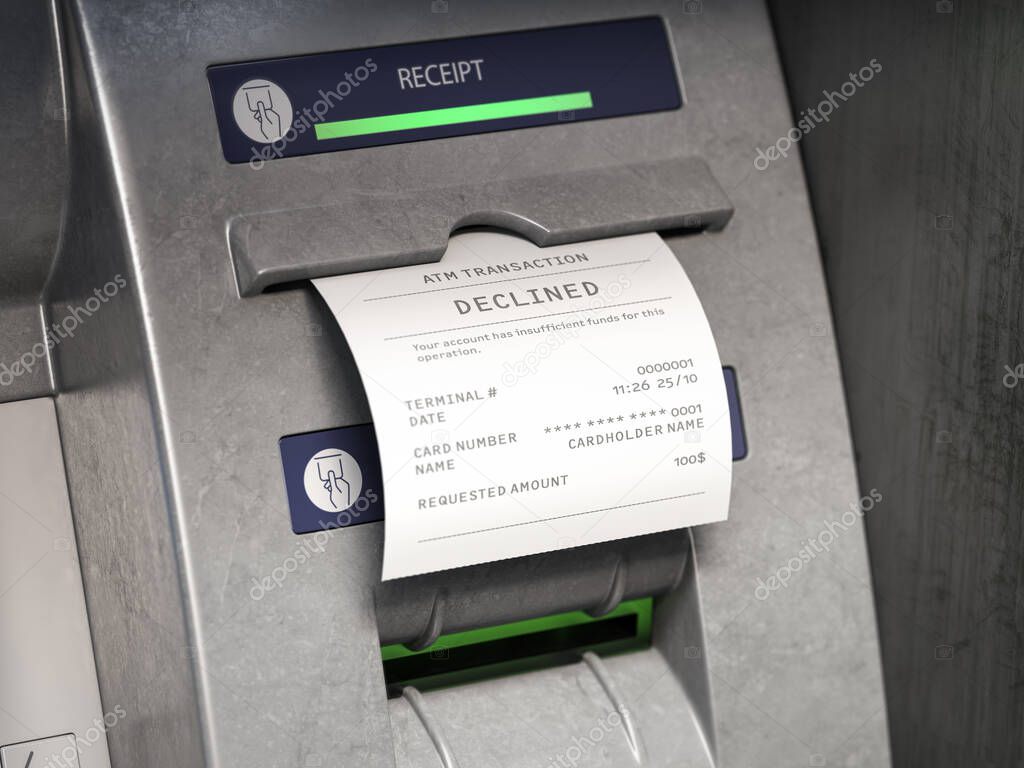 ATM machine and receipt with text declined for insufficient funds on account. 3d illustration