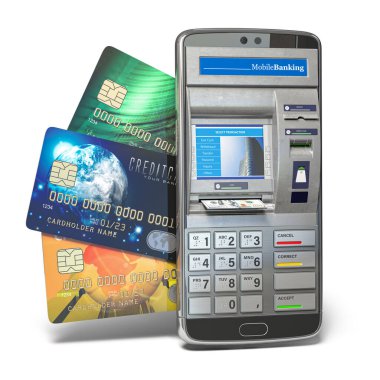Mobil online bankacılık ve ödeme konsepti. ATM olarak akıllı telefon. Bu görüntünün elementleri NASA tarafından döşenmiştir. 3d illüstrasyon
