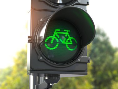Trafik lambasında yeşil ışık yansın. Bisikletler için bedava bisiklet yolu ya da bölge. Motosiklet dostu politika konsepti. Sürdürülebilir taşıma. 3d illüstrasyon