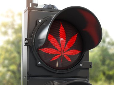 Kırmızı ışıkta kenevir yaprağı. Esrar ve marihuana yasağı konsepti. 3d illüstrasyon