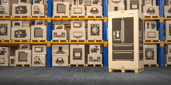 Refrigerator in warehouse with household appliances and kitchen electronics in boxes. Online purchase, shopping  and delivery concept. 3d illustration