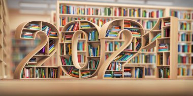 2021 yeni yıl eğitim konsepti. Kitaplıklar kütüphanede 2020 metni şeklinde kitaplar. 3d illüstrasyon