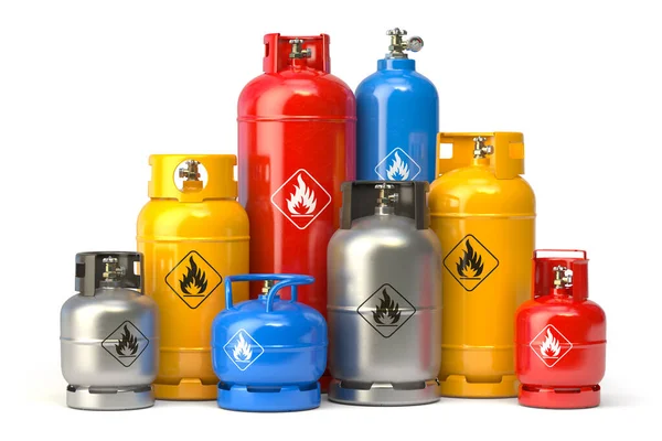 Diferentes Tipos Botellas Gas Aisladas Sobre Fondo Blanco Ilustración —  Fotos de Stock
