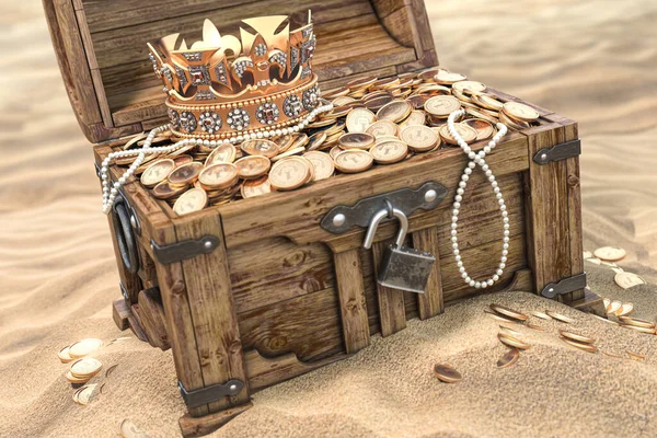 Άνοιγμα Σεντούκι Θησαυρού Γεμάτο Χρυσά Νομίσματα Στην Αμμώδη Παραλία Πλούτος — Φωτογραφία Αρχείου
