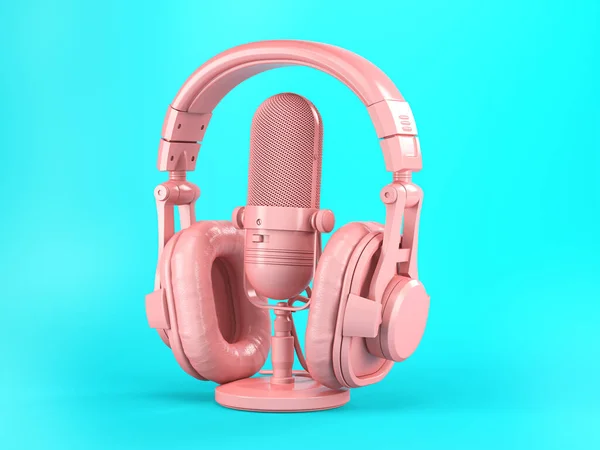 Pink Retro Haedphones Microphone Blue Background Illustration — Stock Photo, Image