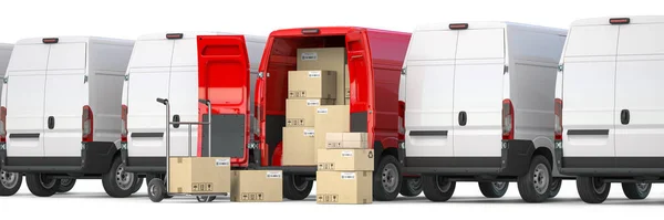 Roter Lieferwagen Mit Offenen Türen Und Handwagen Mit Kartons Reihen — Stockfoto