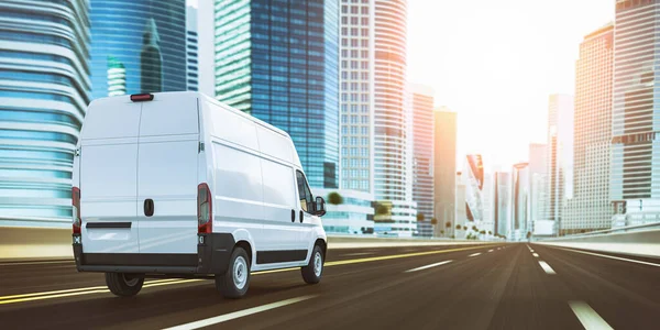 Van Moviéndose Por Carretera Ciudad Con Rascacielos Rápido Concepto Entrega —  Fotos de Stock