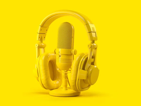 Yellow Retro Haedphones Microphone Yellow Background Illustration — Stock Photo, Image