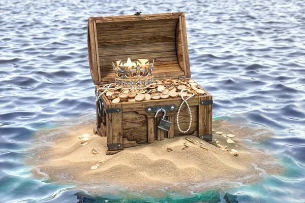 Open Treasure Chest Full Golden Coins Sandy Island Wealth Treasure — Stock Photo, Image