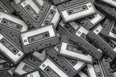 Antika ses kasetleri yığını. Retro müzik konsepti. 3d illüstrasyon