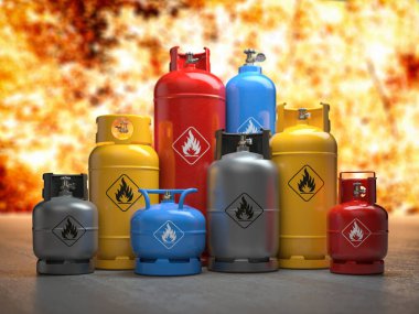 Gaz tankları ya da patlayıcı alev ve yangın arka planında şişeler. Gaz konsepti kullanma tehlikesi, 3 boyutlu illüstrasyon