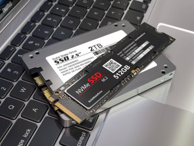 Dizüstü bilgisayarda izole edilmiş farklı SSD disk sürücüleri. Klasik SSD ve SSD m2. 3d illüstrasyon