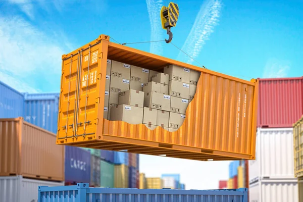 Vrachtvervoer Verzending Levering Logistiek Goederenvervoer Doorsnede Van Container Met Kartonnen — Stockfoto