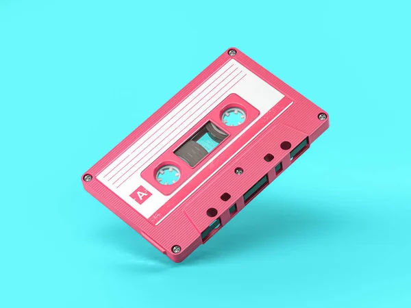 Pink vintage audio cassette on blue background. 3d illustration