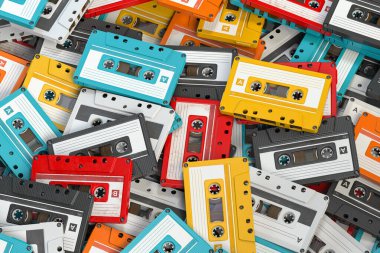 Heap of vintage audio cassettes. Retro music concept background. 3d illustration clipart