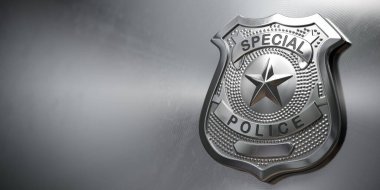 Metal arka planda polis metal rozeti. İmzala ve polis sembolü. 3d illüstrasyon