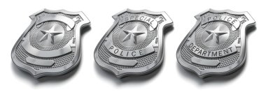 Polis metali rozeti beyaz levhada ve polis sembolünde izole edildi. 3d illüstrasyon