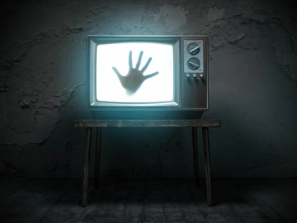 恐怖片的概念 鬼灵之手在鬼屋的老式电视机屏幕上 3D说明 — 图库照片