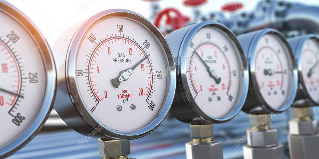 Row of gas pression gauge meters on gas pipeline. Gas extraction, production, delivery and supply concept. 3d illustration