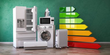 Ev aletleri konseptinin enerji verimliliği. 3d illüstrasyon