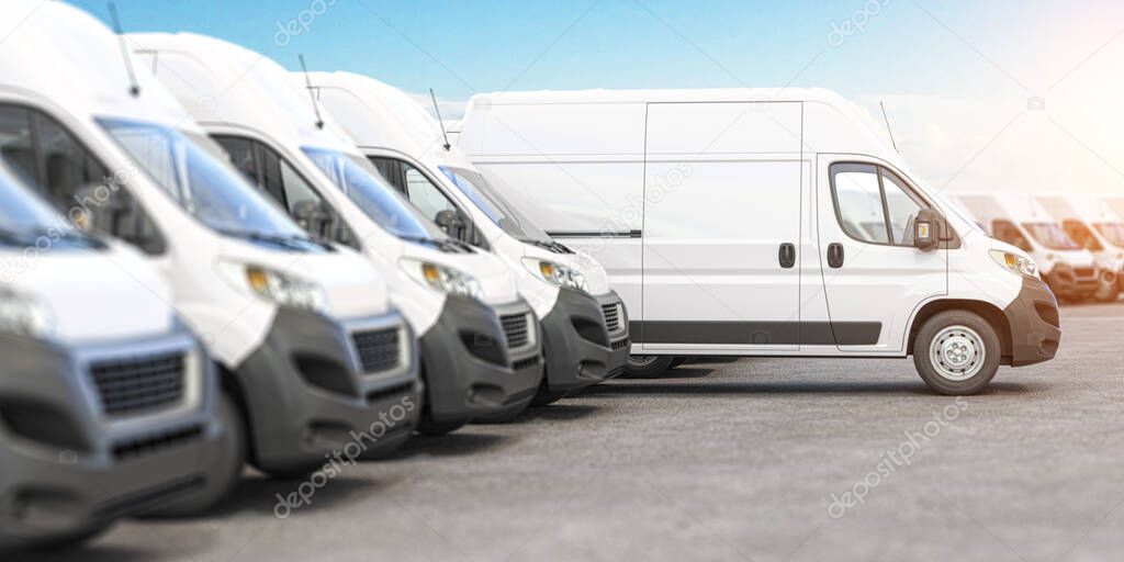 Delivery vans in a row with space for logo or text. Express delivery and shipment service concept. 3d illustration