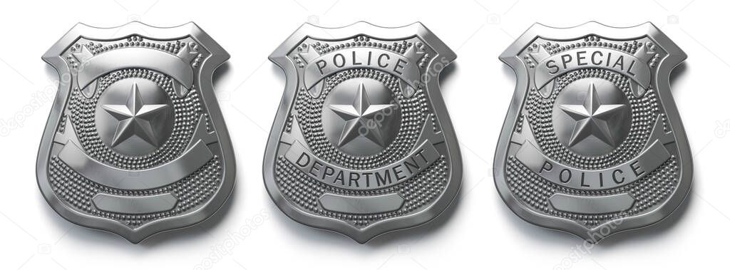 Police metal badge isolated on white Sign and symbol of police. 3d illustration