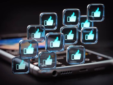 Birçoğu akıllı telefondaki sembolleri beğenip parmakla işaretliyor. Sosyal medya kavramında yetenek ve popülerlik. 3d illüstrasyon