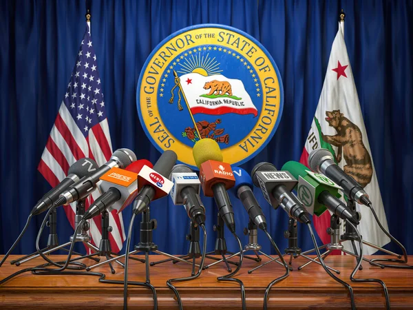 Presskonferens Med Guvernören För Delstaten Kaliforniens Koncept Mikrofoner Och Radiokanaler — Stockfoto