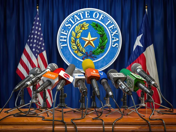 Presskonferens För Guvernören Delstaten Texas Koncept Mikrofoner Och Radiokanaler Med — Stockfoto