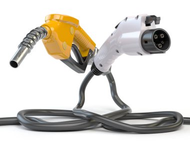 Elektrikli araç EV şarj prizi ve gaz başlığı beyaza izole edildi. 3d illüstrasyon