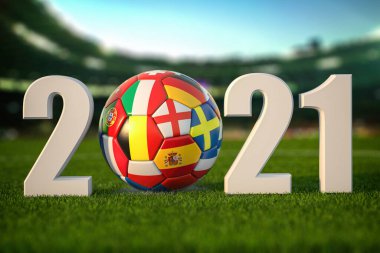 Euro 2021. Futbol stadyumunun çimlerinde Avrupa ülkelerinin bayrakları olan futbol topu. 3d illüstrasyon