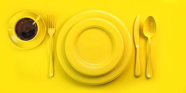 Top View Yellow Plate Fork Knife Spoon Cup Coffee Yellow — Stock Photo, Image