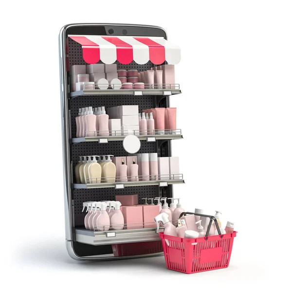 Kosmetik Und Beauty Produkte Kauf Online Konzept Warenkorb Mit Schminkprodukten — Stockfoto
