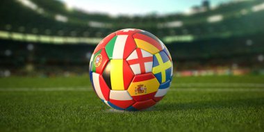 Futbol stadyumunun çimlerinde Avrupa ülkelerinin bayrakları olan futbol topu. 2021 Avrupa Şampiyonası. 3d illüstrasyon