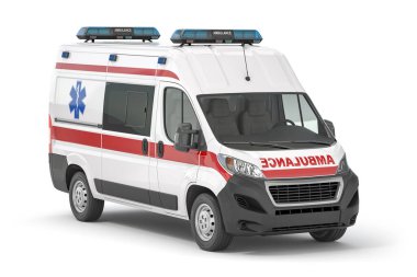 Ambulans arabası beyaz yolda izole edildi. 3d illüstrasyon