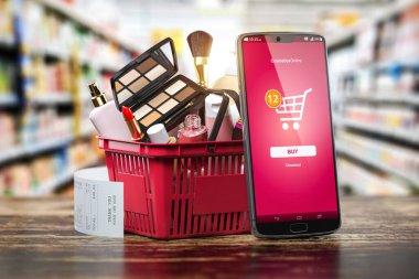 Kozmetik ve güzellik ürünleri online konsept satın alıyor. Makyaj ürünleri ve kozmatik dükkanının rafında cep telefonu olan bir alışveriş sepeti. 3d illüstrasyon